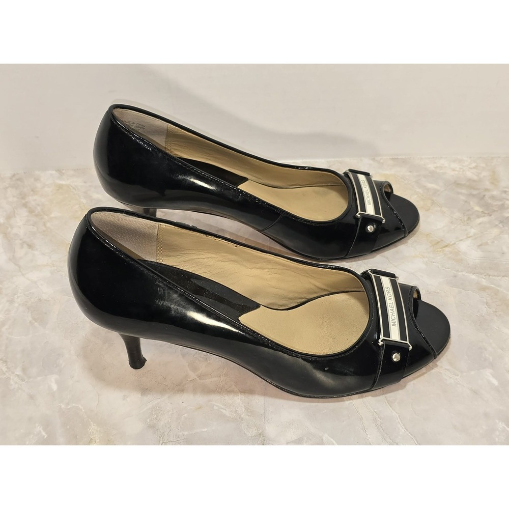 Michael Kors‎ GUC Black Patent Peep Toe Heels Size 7M Classic Chic
